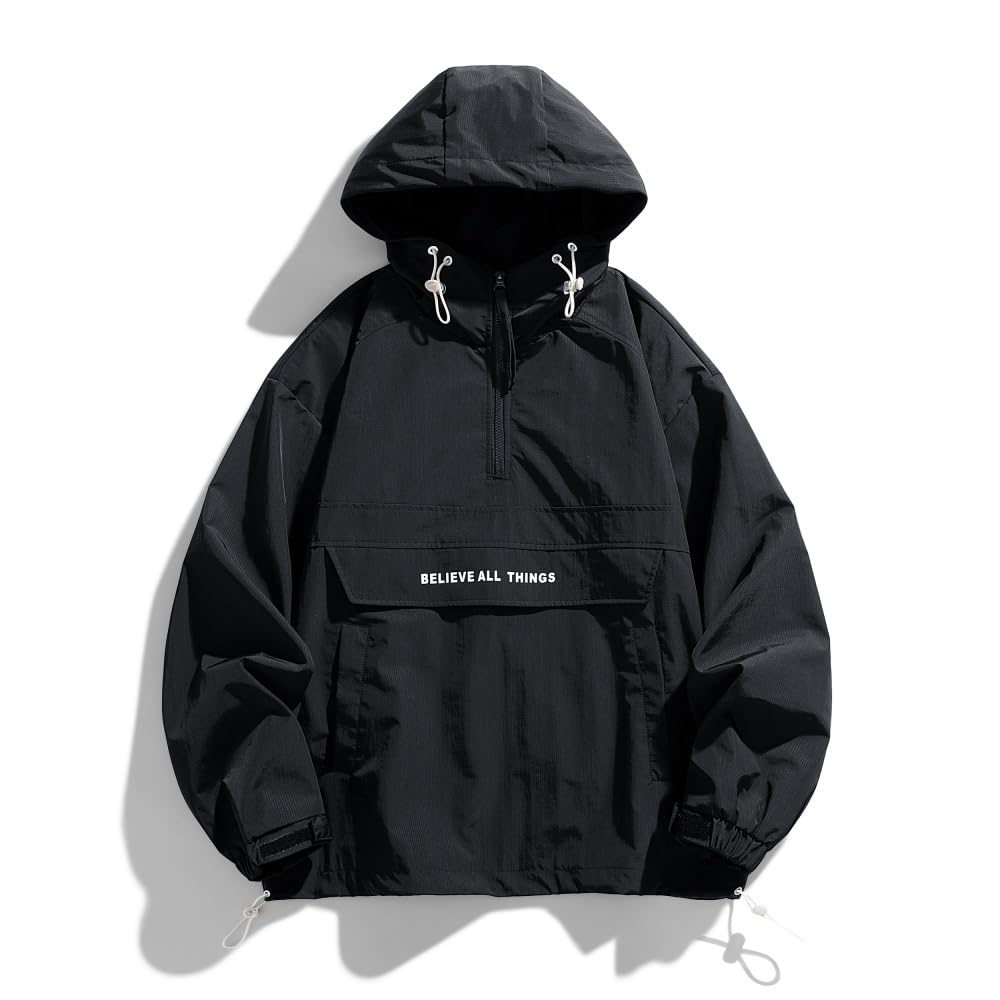 Men's Spring and Autumn pullover jacket with casual patchwork hooded drawstring jacket
