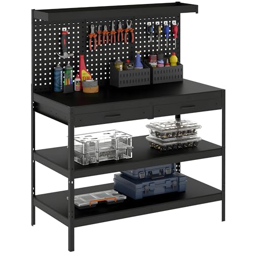 HOMCOM Werkbank 122 x 61 x 156 cm Arbeitstisch mit Lochwand, 2 Schubladen und 2 verstellbaren Regalen, 272kg Tragkraft, Werktisch für Garage, Werkstatt