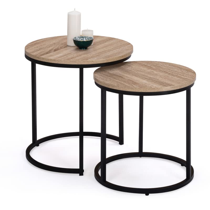 Mesa Baja Redonda Detroit Industrial IDMarket – Diámetro 70 Cm, Altura 40.5 Cm, Patas Metal 2 Cm, Bandeja Madera – Estilo Loft