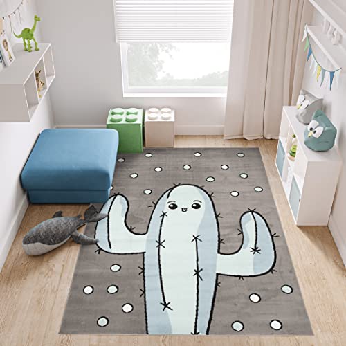 TAPISO Baby Teppich Kinderteppich Kurzflor Grau Hellblau Taupe Schwarz Weiß Kaktus Kakteen Tropfen...