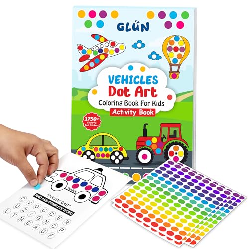 Image of GLUN Vehicles Dot Art Sticker Activity Book, 28 Pages for Kids 3-6 Years | 1750+ Colorful Stickers | Cars, Trucks, Letter Recognition & Fine Motor Skills Activities