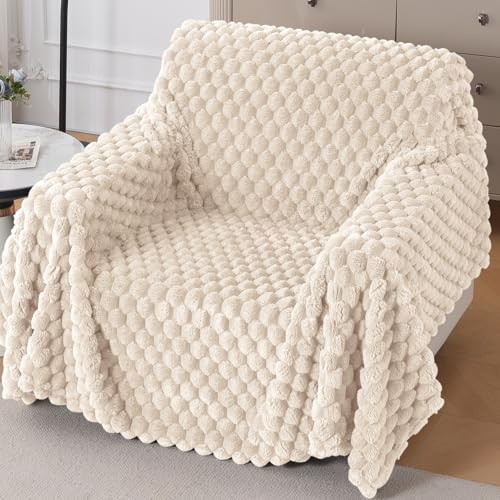 Image of HOKIPO Luxury Premium Rabbit Wool Plush Fluffy Sofa Cover, Sofa Throw for 1 Seater Sofa, 180(D) x 190(L) cm, 'Bunnysoft Series' Cream (AR-5073-WHT)