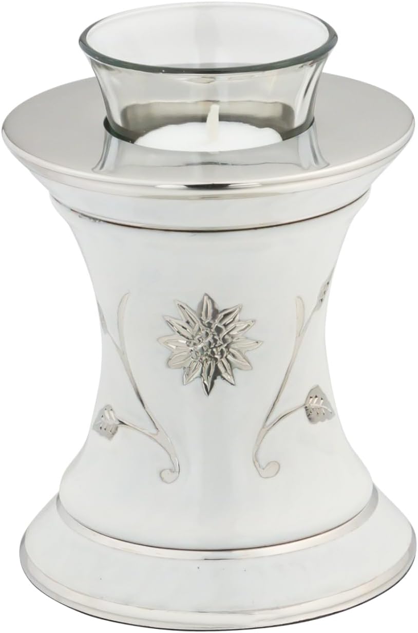 Grace White Tealight Cremation Urn for Ashes, Brass Memorial Candle, White and Silver, Extra Small Sized Cremation Urn, 5.5 Inches High