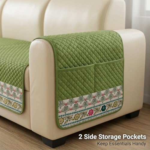 Image of KINGLY Armrest Cover with Pocket | Anti-Slip Sofa Arm Protector | Washable Arm Cover | Olive Green