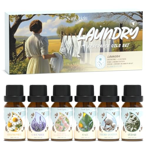 SoulOrigin Laundry Essential Oils Set, Fragrance Oil Set for Oil Diffusers for Home, Scented Oils for Soap Candle Making 6x10ml - Chamomile, Fresh Cotton, Sage, Cedar, Lavender