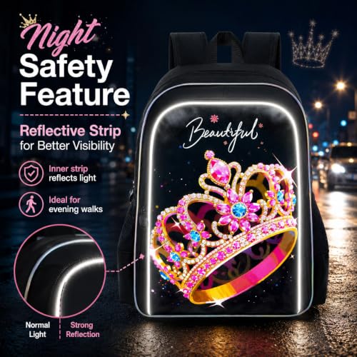 Image of CCJPX 3Pcs Backpack for Girls, 16 inch Kids Crown Bookbag with Lunch Box, Water Resistant Elementary School Bag for Kindergarten Preschool Toddler (Black)