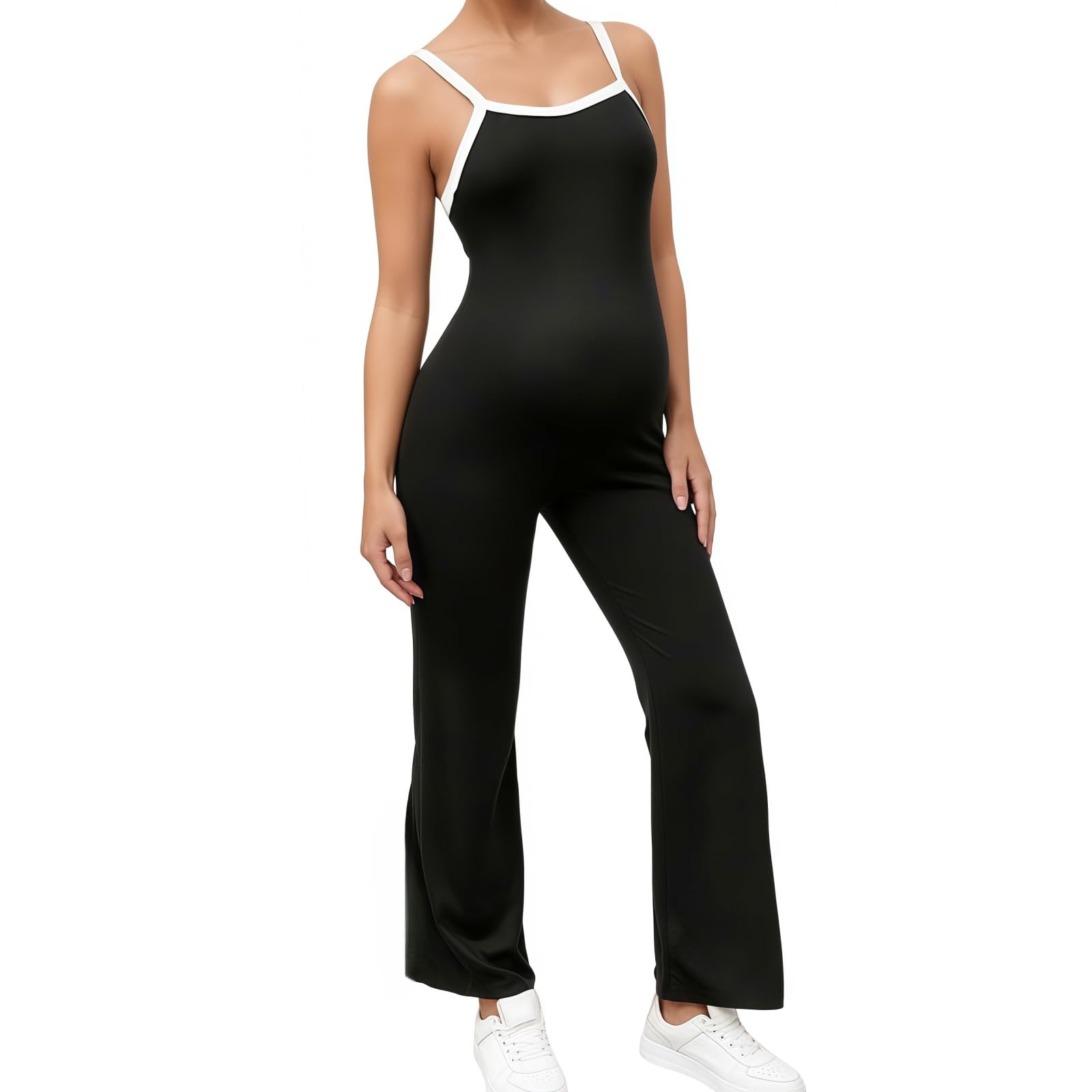 MANJIAMEI Ärmelloser Umstands Jumpsuit Schwarz Camisole Yoga-Jumpsuit Nahtlose Body mit Weitem Bein U-Ausschnitt Lang Sport-Overall Schmale Passform Freizeit Workout Freizeitkleidung