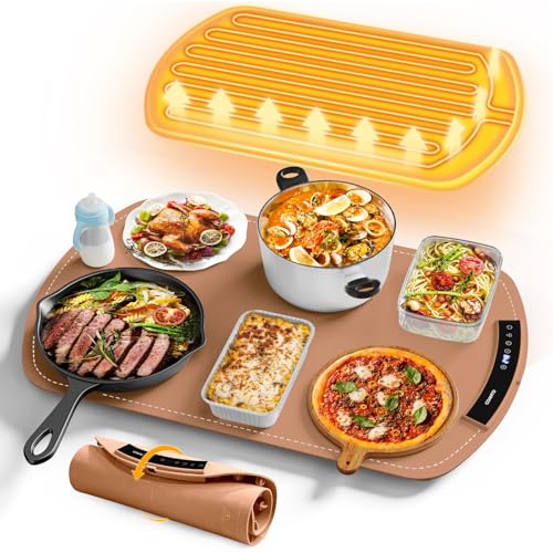 Image of Food Warming Mat, Electric Warming Tray for Buffets & Parties, Silicone Heating Mat for Food with 9 Temperature Settings, Roll-Up Storage, 25.8 inchx15.6 inch, Brown