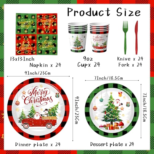 Christmas Paper Plates and Napkins,Red Green Buffalo Plaid Christmas Paper Dinnerware Xmas Tree Santa Claus Plates and Napkin Cups for Winter Themed Xmas Holiday Supplies – Image 7