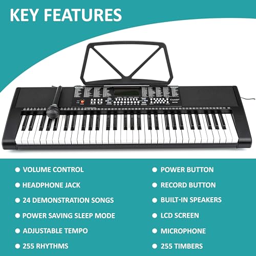 Crystals® 61 Keys Electronic Teaching Keyboard Digital Music Piano Instrument & Microphone With Keyboard Stand - Black (With Single Braced Stand) - 5