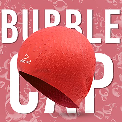 Image of Airavat Swim Bubble Cap, Silicone Swim Cap, Comfortable Bathing Cap Ideal for Curly Short Medium Long Hair, Swimming Cap for Women and Men (Red)