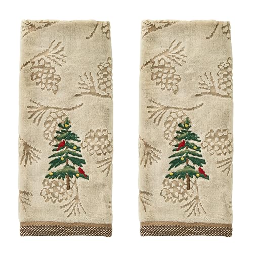 SKL Home Christmas/Winter Seasonal Fir 100% Cotton Embroidered 2pc Hand Towel Set, Decorative Jacquard for Bath/Kitchen/Bar, Wheat