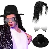 Mepase Halloween Pop Costume Include Imitation Long Natural Black Curly Ponytail Wigs Black Hat Retro Sunglasses for Boys Men Adult Party Cosplay