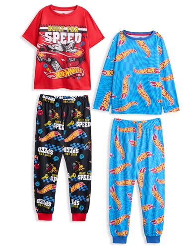 Hot Wheels Boys Pajama Set Pack of 2 | Kids Toy Race Car Graphic Short Sleeve Top & Long Leg PJ Bottoms in Red & Blue