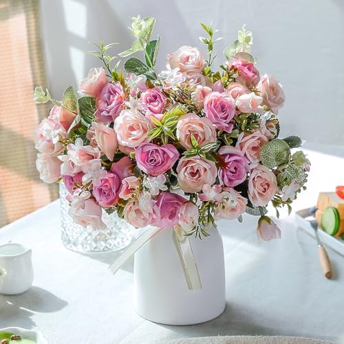 LESING Rose Artificielle en Soie avec Vase - Bouquet de Fleurs artificielles pour Mariage, Maison, Bureau, fête, décoration de Table (Rose)
