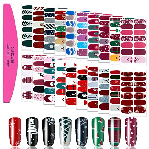 SILPECWEE 280 Pieces 20 Sheets Christmas Nail Wraps Self Adhesive Nail Stickers Nail Polish Strips Nail Decals Nail Art Stickers For Women With Nail File(Classic Style)