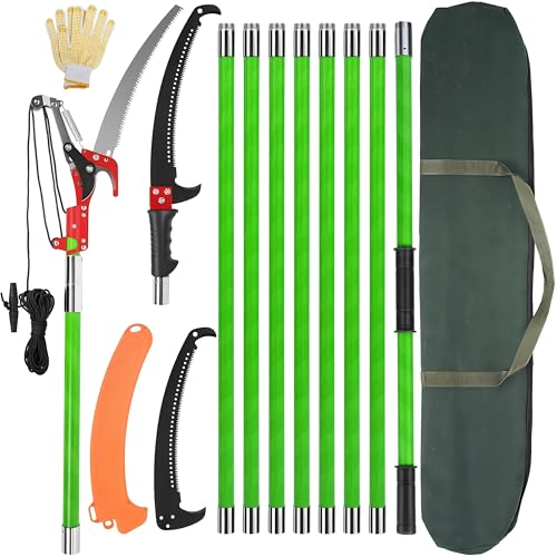 30 Ft Manual Pole Saw, Extendable Tree Pruner Blade and Scissors Set with 9 Fiberglass Handles, Long Branch Pruner Retractable for Backyard and Garden, Bush Cutting and Pruning of Palm Trees