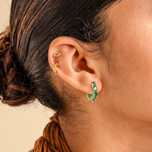FSLEAD Green Hoop Earrings for Women,Emerald Green Earrings 14K Gold Plated Huggie Cubic Zirconia Rhinestone Inside Out Emerald Earring Irish St Patricks Day Christmas Holiday Jewelry Gift for Her — view 3