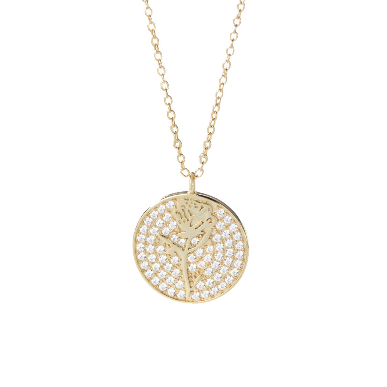 Collar de oro de 9 quilates, 14 quilates, 18 quilates, colgante de moneda con rosa y moissanita, cadena de oro de 45 cm para novia y boda