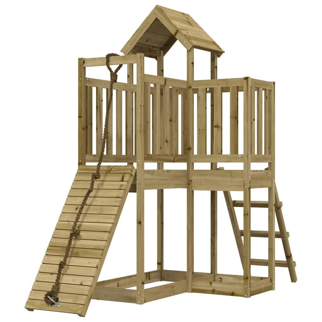 Spielturm mit Kletterwand aus imprägniertem Kiefernholz für Garten, Kinder, Outdoor, mit Rutsche, Sandkasten, Seil, Wippe, Zubehör, robustes Holz, Sicherheit, für Kinder ab 3 Jahren