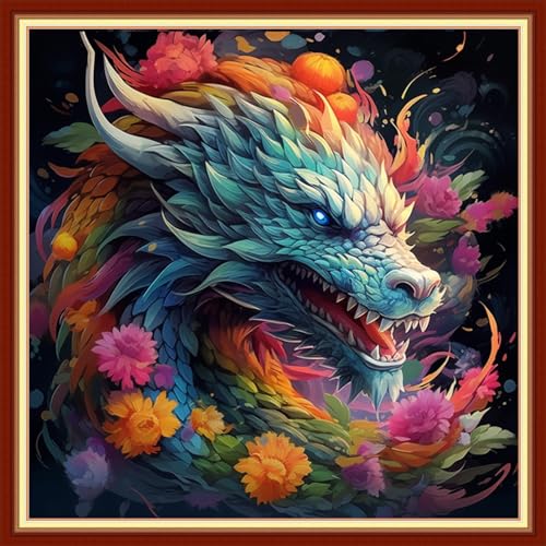 Image of Funxvoot Stamped Cross Stitch Kits Beginners Full Range of Embroidery Kits for Adults 11CT Embroidery Patterns Needlepoint Kits Printed Cross Stitch Kits- (Rainbow Dragon 18x18 inchs)