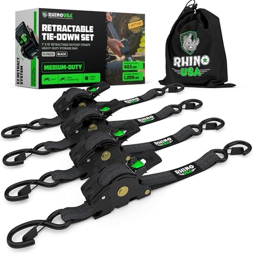 Rhino USA Retractable Ratchet Tie Down Straps (4PK) – 1,209lb Max Break Strength, includes (4) Ultimate 1″ x 10′ Autoretract Tie Downs with Padded Handles. Use for Boat, Securing Cargo