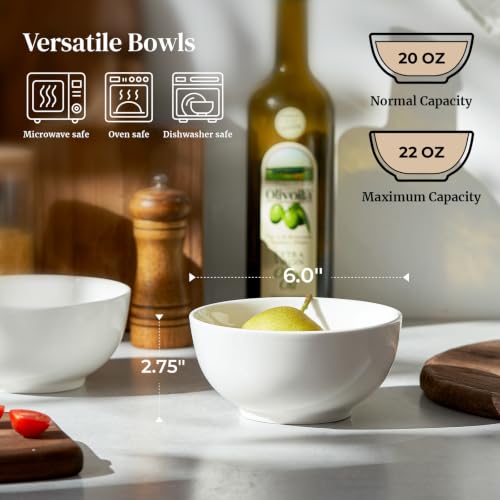 Image of DOWAN 22 OZ White Ceramic Bowls Set of 6 - Perfect for Soup Bowls for Kitchen, Cereal Bowl, Ramen Bowl, Dishwasher & Microwave Safe