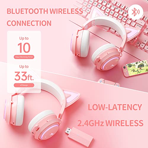 SOMiC Cat Ear Headphones, 2.4GHz Wireless Gaming Headset for PS4, PS5, PC, Bluetooth Headset for Smartphone, RGB Lighting, Retractable Mic, 7.1 Surround Sound, Cute Cat Ear Gaming Headset for Girls