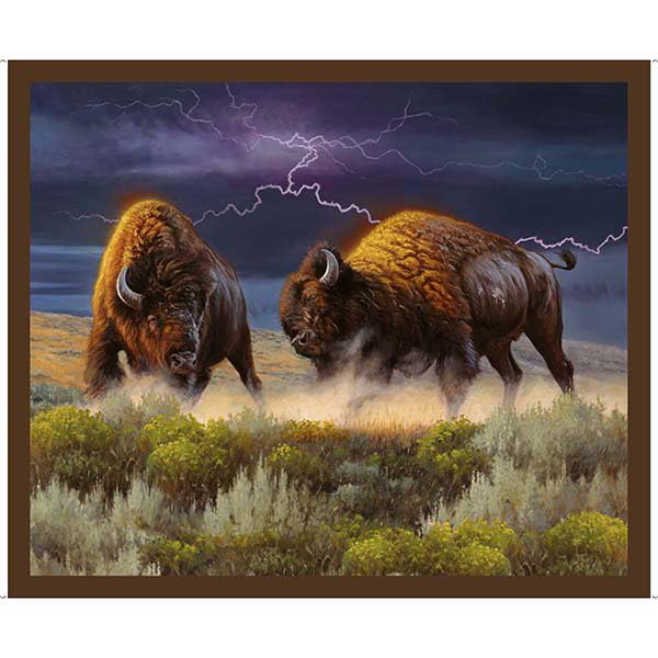 Wild Bison Or Buffalo Fighting On The Western Plain Cotton Panel Fabric QT