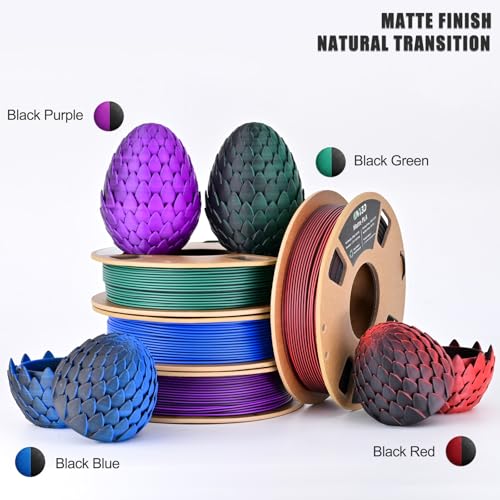 Image of OVV3D Matte PLA 3D Printer Filament Bundle 250g x 4 Spools, Dual Color Filament 1.75mm Pack, Multi Color Change 3D Printing Filament, High Quality Matte Surface, Black - Red, Blue, Green, Purple