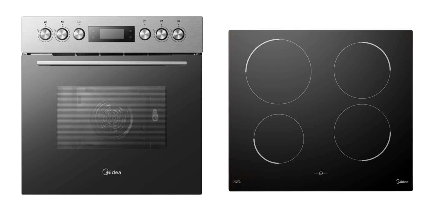 Midea OSK3875IX Herdsets, 595 * 595 * 575mm(H*B*T), Edelstahl, knuspriger Grill, 360° Heißluftkonvektion,Emaille Innenraum, Hochleistungs-Kochfeld, Abschaltautomatik, Pfannensensor, Restwärmeanzeige