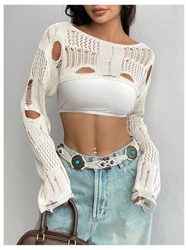 OYOANGLE Women's Ripped Hollow Out Crochet Sweater Boat Neck Long Sleeve Knit Pullover Crop Cover Up4