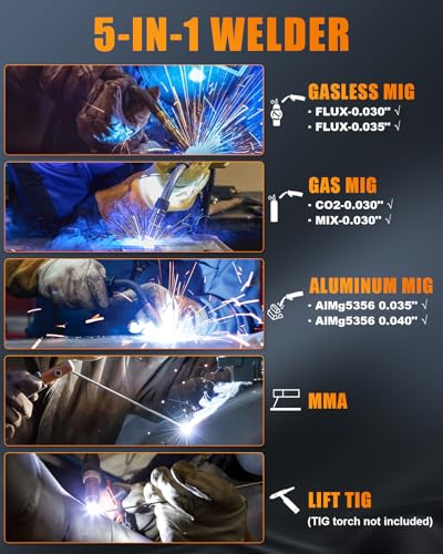 Image of AZZUNO MIG Welder Machine 110V /220V, 155Amp 5-in-1 Gas MIG /Aluminum MIG /Gasless Flux MIG /Lift TIG /Stick Welding Machine, Wire Feed Welder