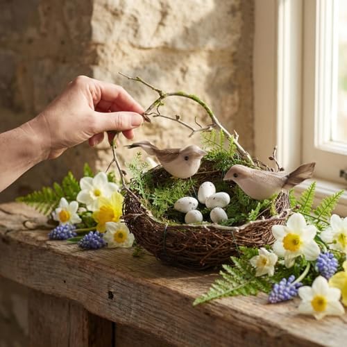 Image of YARNOW Artificial Fake Birds nest Bird Nest with 5 Eggs Rattan Bird Nest Decoration Small Fake Birds Nest Ornament for Home Easter Artificial Bird nest Decor Bird nest Decoration