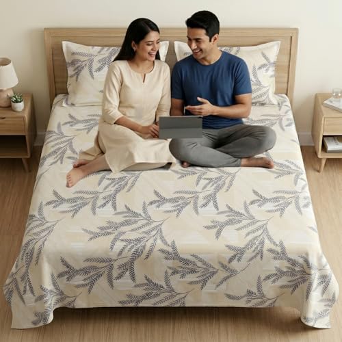 Image of Mafatlal 186 TC Metro Cotton Double Bed Bedsheet | 90x100 Inch|Soft, Breathable & Lightweight | Includes 2 Pillow Covers| Cream Black 1