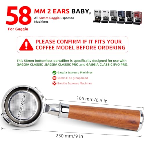 Image of 58mm Bottomless Portafilter - Professional Stainless Steel 2 Ears for 58 Gaggia Machines With Walnut Handle & Filter Basket - Not Suitable With E61 Groupheads