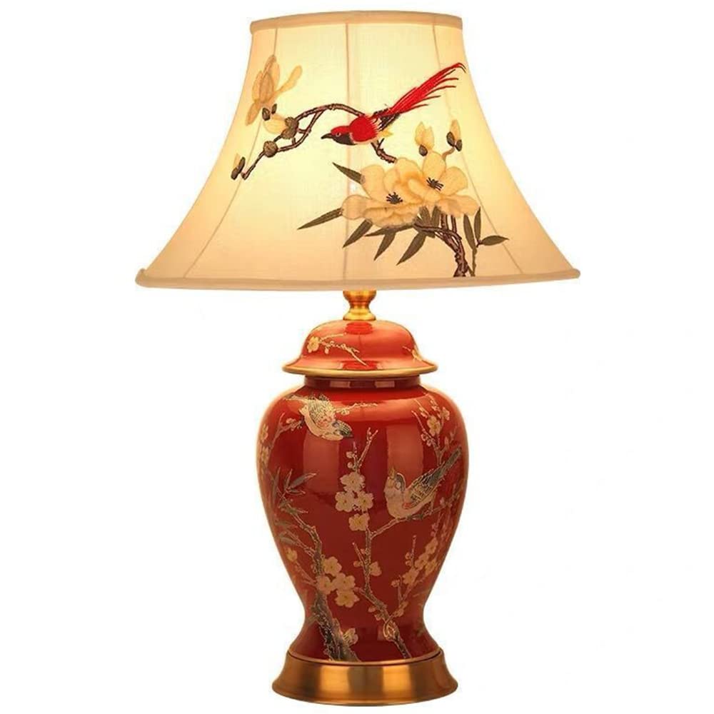 Tisch- oder Nachttischlampen - Tischleuchte mit Stoffschirm - Keramik Tischleuchte - D30 x H54 - E27 Lampe - ohne Leuchtmittel (Rot)