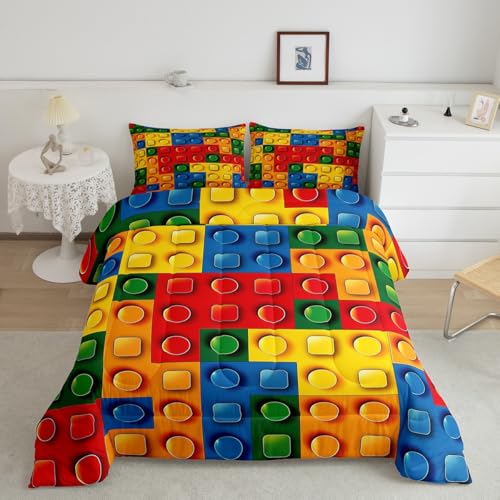 Image of Feelyou Toddler Building Blocks Comforter Set King Size Kids Toy Brick Comforter for Boys Teens Games Bedding Set Breathable Colorful Duvet Set Room Decor Quilt Set
