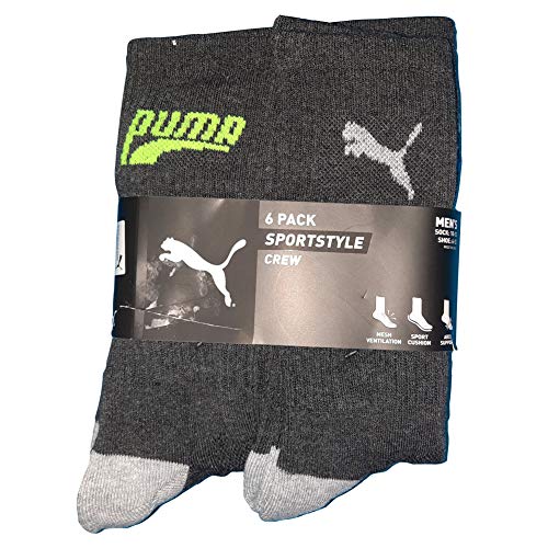 Puma Men's 6 Pack Sportstyle Crew Socks (Shoe Size 6-12/Sock Size 10-13 Dark Grey-Gray/Neon Volt/Blue)