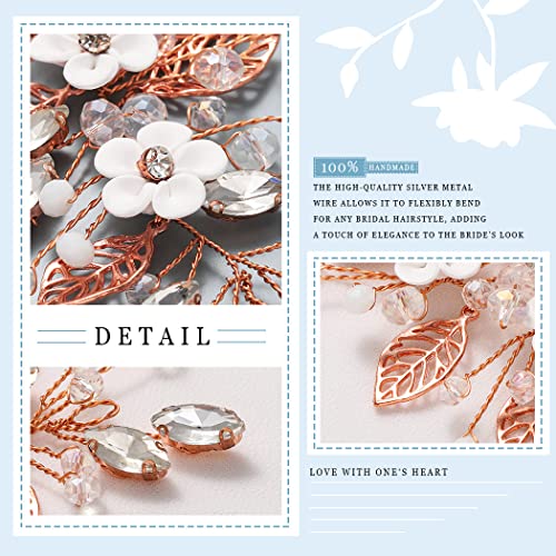 Vakkery Bride Flower Wedding Hair Vines Crystal Hair Piece Bridal Hair Accessories for Women and Girls (Rose Gold) - Image 3
