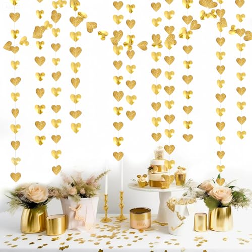 Image of Glitter Champagne-Gold Party-Decorations Heart Streamers Garland - 39Ft Wedding Engagement Hanging Paper Banner,Bachelorette Bday Bridal Baby Shower Christmas Anniversary Housewarming Backdrop Decor