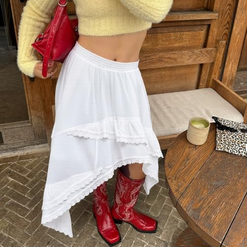 Irregular Skirt Lace Trim Asymmetrical Ruffle Patchwork Elastic Waist Summer Casual Streetwear Skirt2