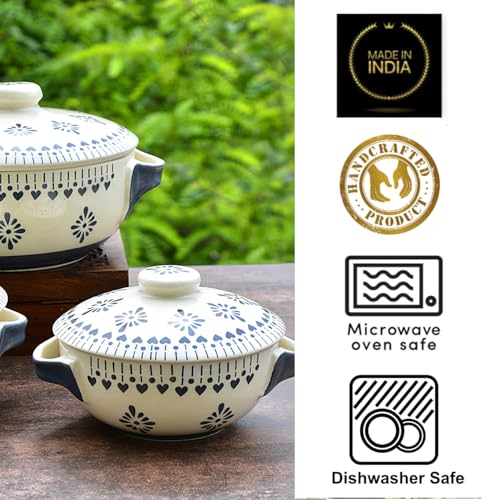 Image of StyleMyWay Hand Painted Large Ceramic Serving Donga Set for Kitchen with Lid and Handle (Set of 3, White and Grey, 1200 ml, 1000 ml, 800 ml) | Casserole Set | Dinner Serving Bowls with Lid