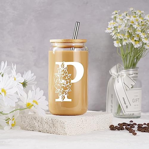 Image of Coolife Initial Glass Cup, Monogrammed Gifts for Women, 16 oz Tumbler w /Lid | Iced Coffee Smoothie Beer Tumbler w /Straw Lid - Personalized Christmas, Birthday Gifts for Woman Her Mom Friend