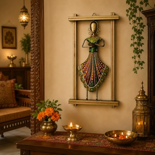 Image of iHandikart Metal Wall Art for Home Decor | Traditional Rajasthani Lady with Diya Wall Hanging | Hand-Painted Iron Wall Sculpture with Stone Work | Wall Decor for Living Room & Bedroom | 13 x 7 Inch