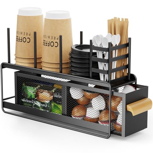 GSlife Cup and Condiment Station with Drawer, Narrow 4.5" Metal Coffee Bar Organizer for Countertop, Lid Holder and Pod Storage for Stirrers, Straws, Breakroom, Kitchen, Black by GSlife - Used condition - US$23.23