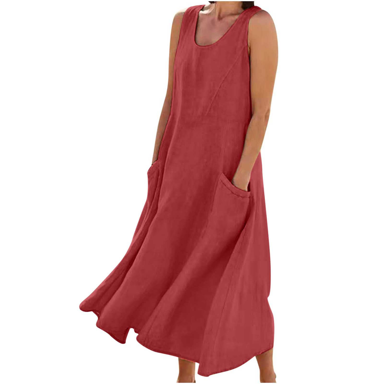 LUSHAasdLinen Dresses for Women UK 2024 Comfort Sundress Casual Sleeveless Round Neck Maxi Dress with Pockets Spring Summer Cotton Linen Long Dresses Oversized Hawaiian Beach Dress Outfits