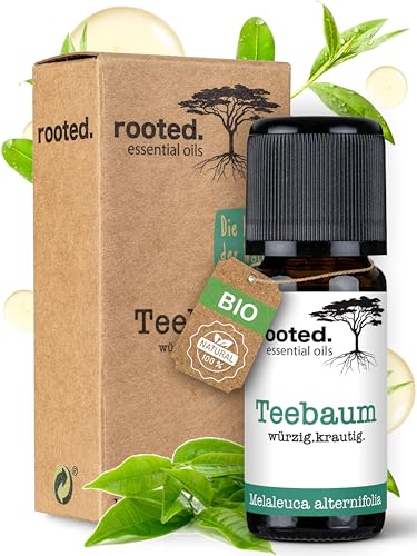 rooted.® Aceite esencial de árbol de té BIO 10 ml – 100% puro – Contra el acné e impurezas, cuidado de uñas, aromaterapia y difusor