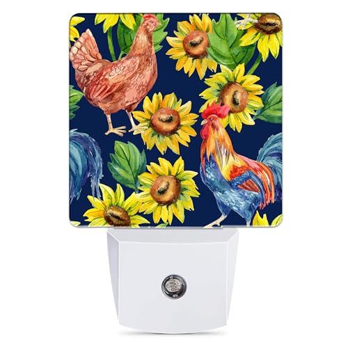 Image of Retro Hen Rooster Night Light, Sunflowers Plug into Wall with Dusk to Dawn Light Sensors, Warm Nightlights for Bedroom, Bathroom, Hallway, Kitchen, Gifts Ideal for Boys Girls Women Men