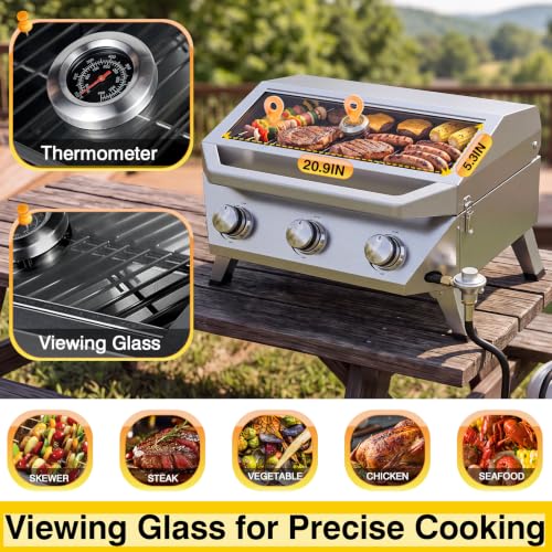 Image of BESTFIRE 3 Burner Propane Grill, 30000 BTU Stainless Steel Tabletop BBQ, Portable Gas BBQ with Glass Lid, Thermometer & Dual Tank Adapter for 1lb /20lb, Outdoor Camping Tailgating 29.72 inch Wide